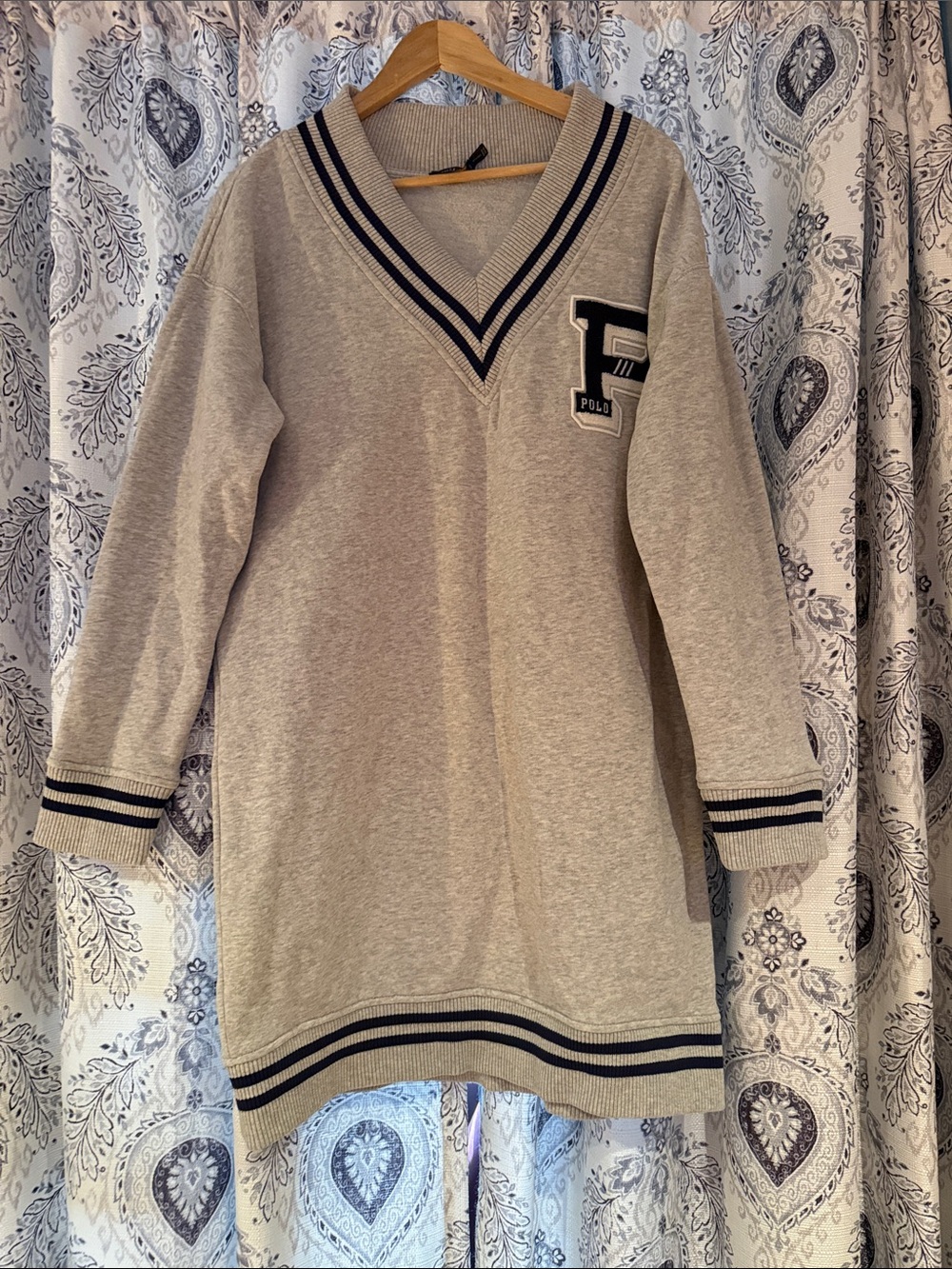 Ralph Lauren Gray Sweater with Navy Stripe V‑Neck